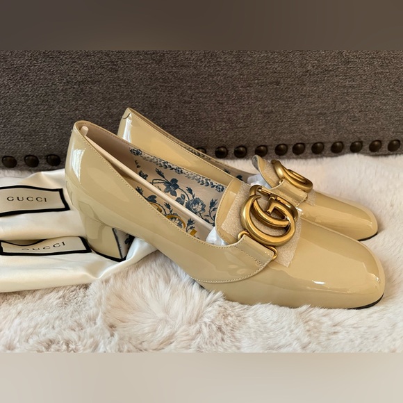 New Gucci marmont GG Victoire Vernice 55mm Loafer Pumps 39 Sand Storm - Picture 3 of 11